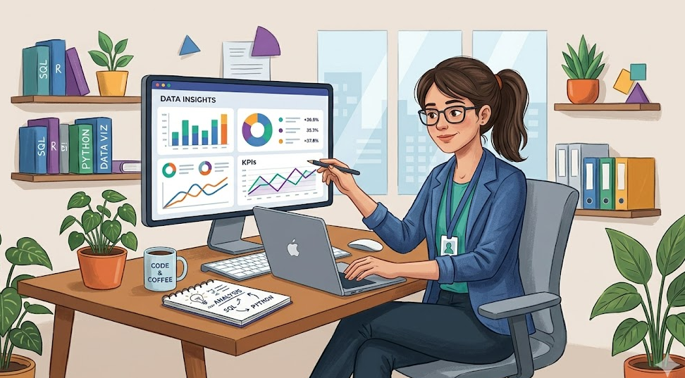 Illustration d'Eya Ben Salem, Data Analyst, présentant un tableau de bord de KPI